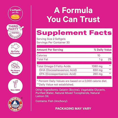 Pink Stork Omega 3 Fish Oil Supplements for Women with DHA and EPA - High Potency Burpless Omega-3 Supplement for Cognitive Health - 60 Softgels
