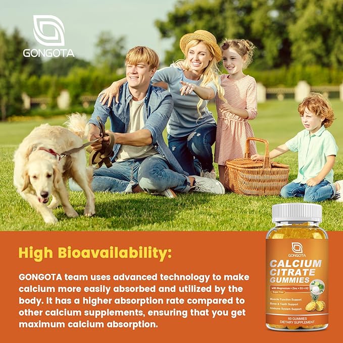 GONGOTA Calcium Citrate 1200mg with Vitamin D3 Gummies, Chewable Calcium for Bone, Muscle, Joints, Immune Support, Calcium Supplements for Women & Men,Sugar Free, Pineapple Flavor - 120 Gummies