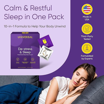 De-Stress & Sleep Supplement - 10-in-1 Natural Sleep Aid for Adults, Daily Multivitamin with Magnesium, Melatonin, Ashwagandha, L Theanine, Valerian Root, Sleeping Pills for Men and Women, 30 Pack