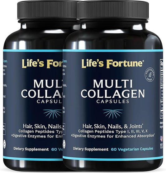 Multi Collagen Peptides Types I, II, III, V & X Hydrolyzed Protein Capsules – Grass-Fed, Blend with Digestive Enzyme – for Skin, Hair, Nails, Joints & Gut Health, Unflavored (60 Count (Pack of 2))