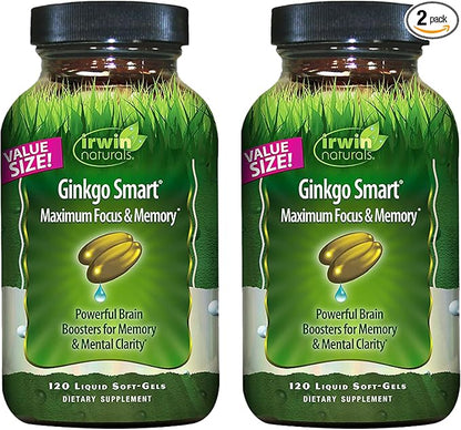 Irwin Naturals Ginkgo Smart Powerful Nootropic Brain Booster - Supports Maximum Memory, Focus & Mental Clarity with DMAE, Clubmoss, Choline & Acetyl L-Carnitine - 120 Liquid Softgels Twin Pack