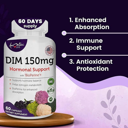 Women’s DIM Complex 150mg - Bioperine Estrogen Balancing Pills for Menopause & Hot Flashes Relief Support Hormonal Acne Powerful Supplement - 60 Capsules - Made in USA