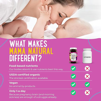 Mama Natural Organic Prenatal Vitamins for Women Vegan (30 Servings) | One A Day Prenatal Vitamins for Pregnant Women | Food Based, Non-GMO & Gluten-Free - Pre Natal Multivitamin with Folate
