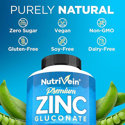 Nutrivein Premium Zinc Gluconate 100mg - 120 Capsules: High-Absorption Zinc Gluconate Supplements for Whole-Body Well-Being - Essential Elements for Wellness