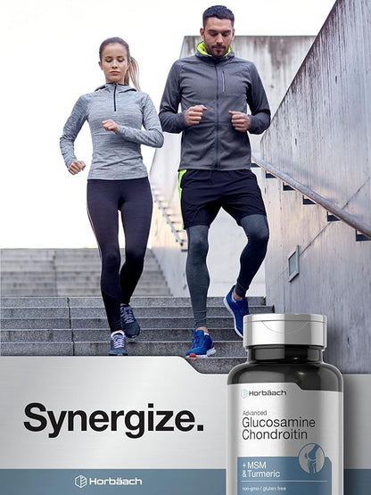 Horbäach Glucosamine Chondroitin | Plus MSM & Turmeric | 180 Coated Caplets | Non-GMO, Gluten Free Supplement