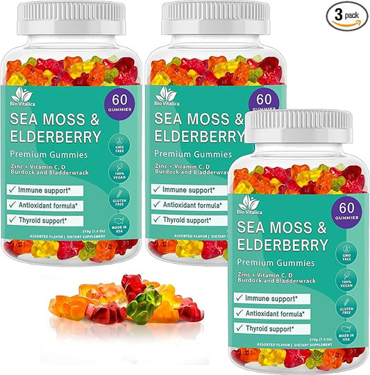 BIO VITALICA (Bundle) Sea Moss Elderberry (2 Packs) & Sea Moss Elderberry Gummies (1 Packs) BioVitalica