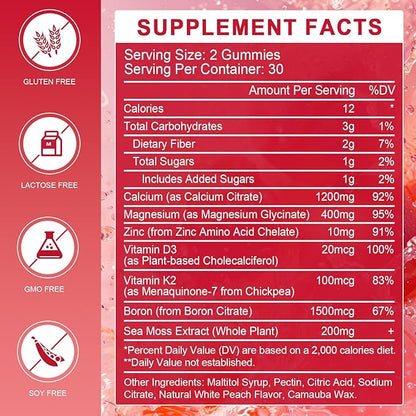 Calcium Citrate 1200mg Gummies with Vitamin D3, K2 - Chewable Calcium Magnesium Zinc d3 Supplement with Sea Moss Extract for Bone, Teeth, Immune Support for Women & Men, Peach Flavor-60 Gummies(3Pack)