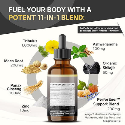 Organic Tribulus, Maca Root, Panax Ginseng, Ashwagandha Liquid Drops – 1670mg per Serving, Ultra Potent, Natural Taste, USA Made & Lab Tested – 2 FL OZ (60ml)