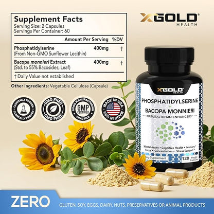 PhosphatidylSerine & Bacopa Monnieri 400 mg 2 in 1 Supplement - Natural Brain Enhancer/Nootropic for Enhanced Focus and Concentration, Memory Support, & Cognitive Function - 120 Vegetarian Capsules