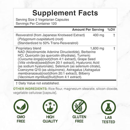 Resveratrol Complex 2,000mg, 240 Veggie Capsules – Extra Strength Trans-Resveratrol with NAD, Quercetin, Curcumin, Grape Seed & More – Healthy Aging Antioxidant for Energy & Brain Support