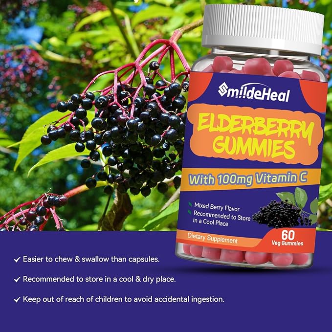 Elderberry Gummies, Elderberry Extract 300mg, with Vitamin C and Zinc, Strawberry Flavor Gummies, Non-GMOs, Gluten Free, Vegan-Friendly, Immune Support, 60 Count (Pack of 2)
