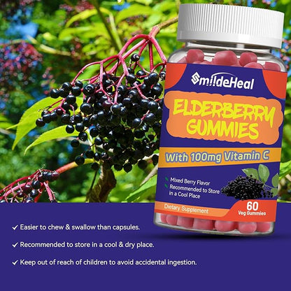 Elderberry Gummies, Elderberry Extract 300mg, with Vitamin C and Zinc, Strawberry Flavor Gummies, Non-GMOs, Gluten Free, Vegan-Friendly, Immune Support, 60 Count (Pack of 2)