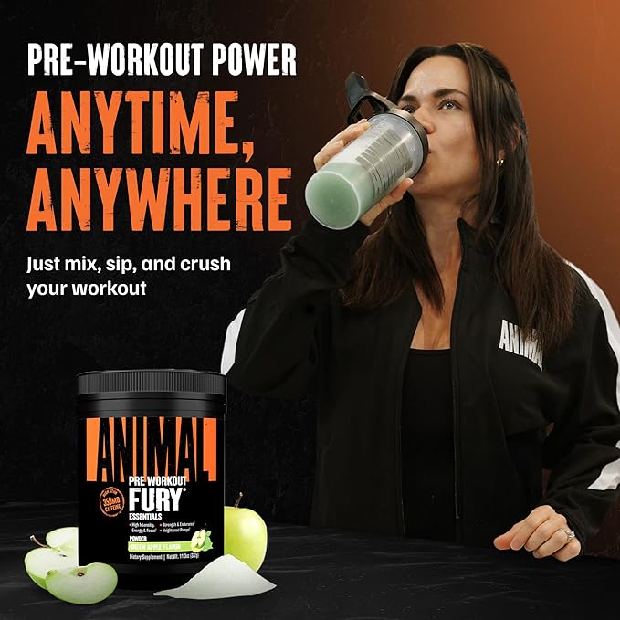 Animal Fury Pre Workout Powder - Green Apple, 350mg Caffeine, BCAA Amino Acids, 2g Beta Alanine, Citrulline & Tyrosine, Energy, Focus, Strength, Endurance, Preworkout for Men & Women, 20 Servings