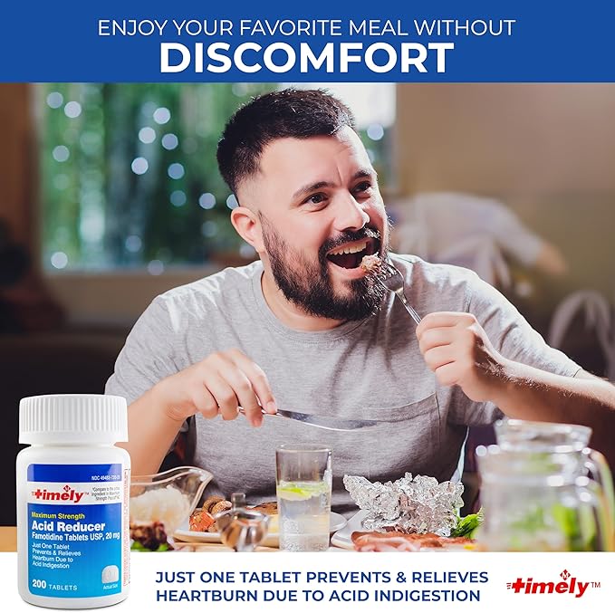 Timely Acid Reducer Famotidine 20mg - Compare to the active ingredient in Maximum Strength Pepcid AC - Anatcid Acid Reflux Medicine for Heartburn Relief and Acid Indigestion Symptoms - 200 Tablets
