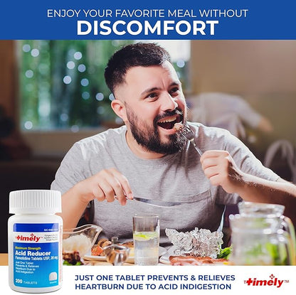 Timely Acid Reducer Famotidine 20mg - Compare to the active ingredient in Maximum Strength Pepcid AC - Anatcid Acid Reflux Medicine for Heartburn Relief and Acid Indigestion Symptoms - 200 Tablets