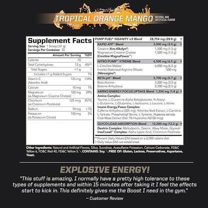 PMD Sports Ultra Pump Fuel Insanity - Pre Workout Drink Mix for Energy, Strength, Endurance, Recovery - Complex Carbohydrates and Amino Energy - Tropical Orange Mango (30 Servings)