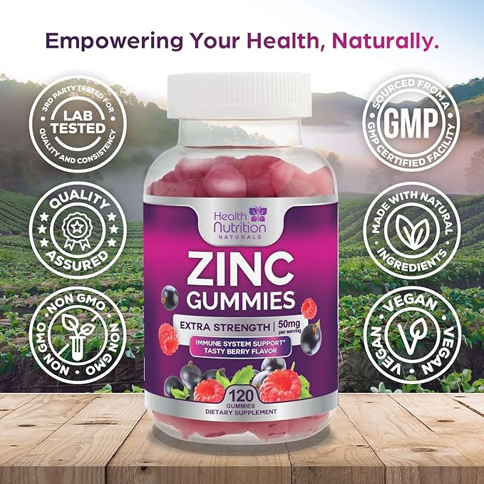Zinc Supplement 50mg Gummies for Adults - Max Strength Skin Health & Immune Support Gummy, Vegan, Non-GMO & Gluten Free, Nature’s Antioxidant & Bone Health Chewable Zinc Vitamins - 120 Gummies