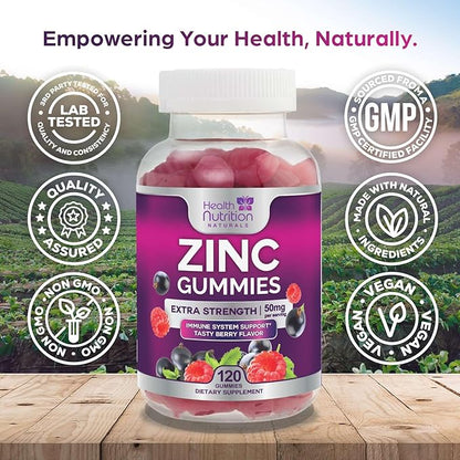 Zinc Supplement 50mg Gummies for Adults - Max Strength Skin Health & Immune Support Gummy, Vegan, Non-GMO & Gluten Free, Nature’s Antioxidant & Bone Health Chewable Zinc Vitamins - 120 Gummies