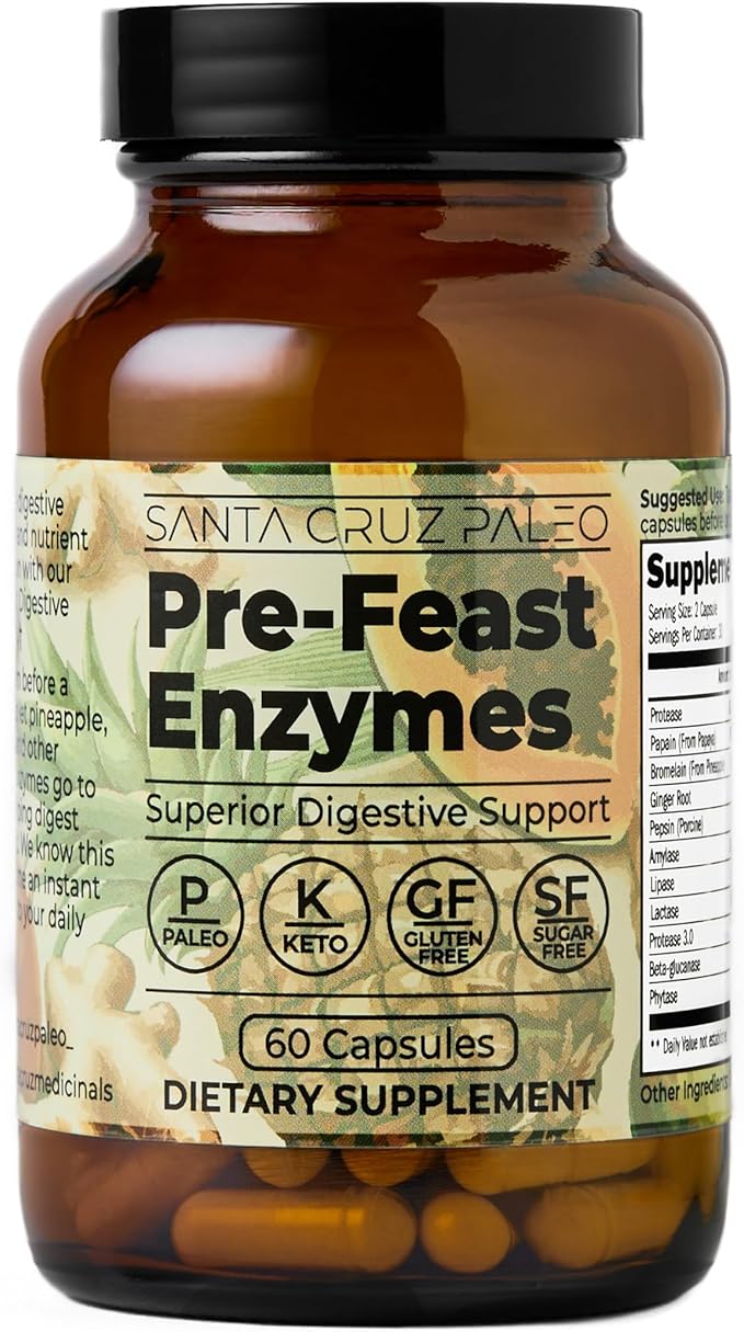 Santa Cruz Paleo Pre-Feast Digestive Enzymes for Women and Men, Fiber Supplement for Gut Health & Digestive Health, Gluten Free, Keto, Sugar Free, Paleo, with Bromelain, Ginger Root, 60 Capsules