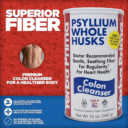 Yerba Prima Psyllium Husk, 12 Ounce (Pack of 2) - Colon Cleanser Fiber Supplement - Natural Support for Gut Health - Non GMO, Gluten Free, Vegan