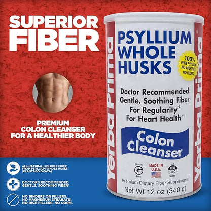 Yerba Prima Psyllium Husk, 12 Ounce - Whole Husk Fiber Supplement, Vegan, No Sugar or Artificial Sweeteners, Non GMO, Gluten Free