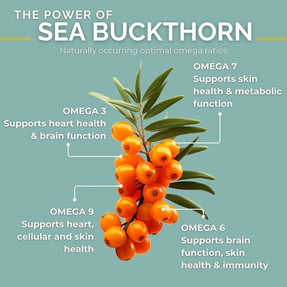 Organic Sea Buckthorn Oil, Omega-7 Complete Softgels, 180 Count, with Omega 3, 6 & 9, Supports Hair, Skin & Nail Health, 1000mg per Serving