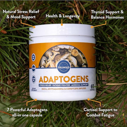 TruWild Adaptogen Blend with Cordyceps Maca Ashwagandha - Full Spectrum Mushroom Blend for Daily Support and Function, All Natural Formula with 7 Key Ingredients, 60 Capsules