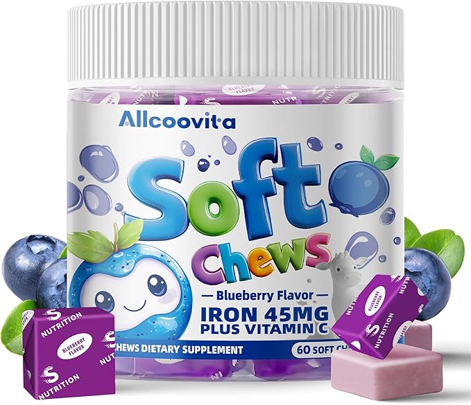 Iron Soft Chews Supplement with Vitamin C | Blueberry Flavored | Gluten Free | Iron Supplement for Women Men and Kids | 60 Count | 2 Month Supply