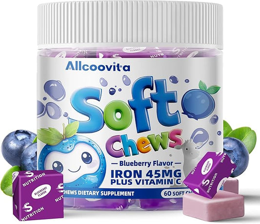 Iron Soft Chews Supplement with Vitamin C | Blueberry Flavored | Gluten Free | Iron Supplement for Women Men and Kids | 60 Count | 2 Month Supply
