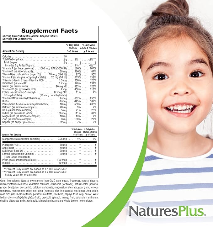 Natures Plus Animal Parade Children's Chewable Multivitamin - 180 Animal-Shaped Tablets - Natural Assorted Flavors - Vegetarian, Gluten Free - 90 Servings