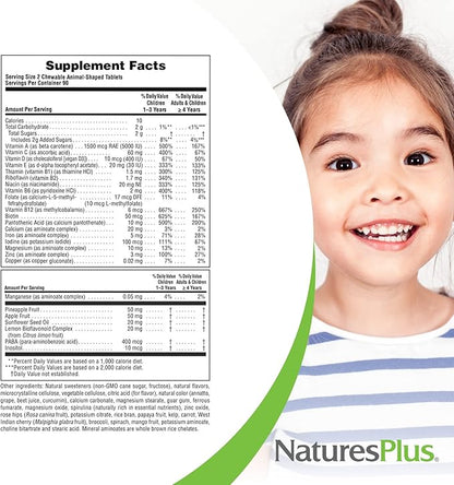 Natures Plus Animal Parade Children's Chewable Multivitamin - 180 Animal-Shaped Tablets - Natural Assorted Flavors - Vegetarian, Gluten Free - 90 Servings