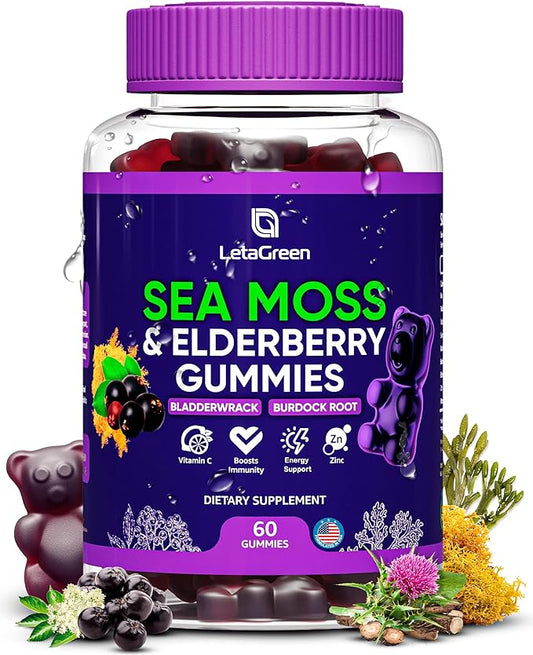 Irish Sea Moss Gummies – Sea Moss Bladderwrack Burdock Elderberry – 60 Vegan Seamoss Bears – Elderberry Gummies for Kids & Adults with Vitamin C & Zinc