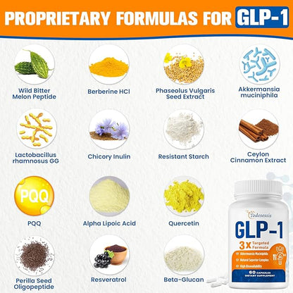 GLP-1 Supplement for Women, Natural GLP-1 Support, 3X Targeted Formula, GLP1 with Akkermansia Probiotic, Berberine HCI & Chicory Inulin, for Metabolism, Digestive & Gut Health - Vegan, 60 Capsules
