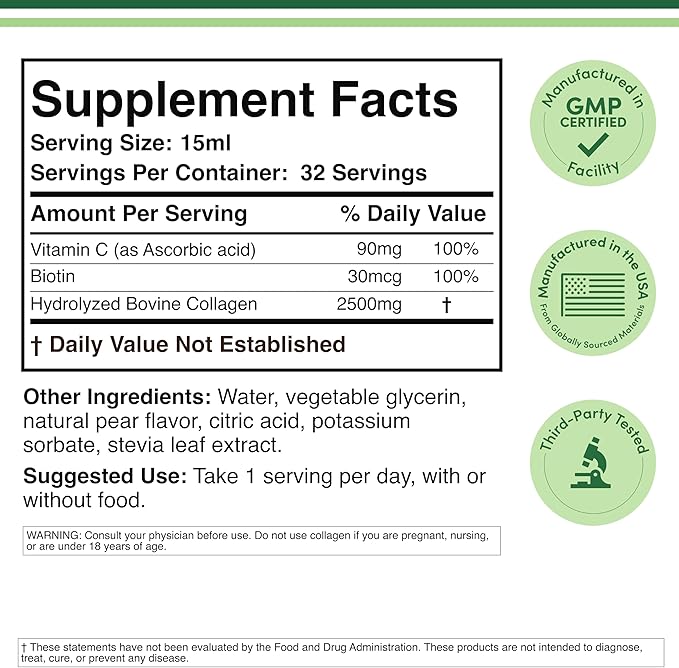 Double Wood Supplements Liquid Collagen - 2500mg of Hydrolyzed Bovine Collagen (Type 1, 3 and Grassfed) - 32 Servings - for Women and Men - 30 mcg of Biotin - Sugar Free Pear Flavor