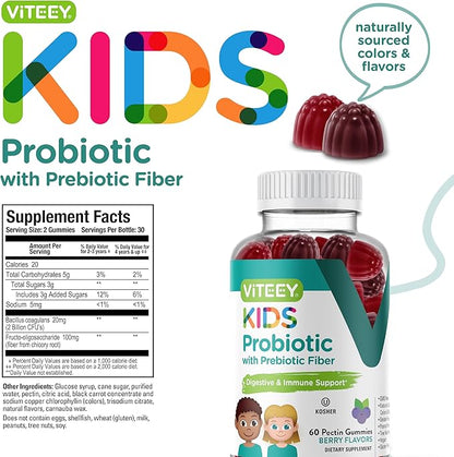 Probiotic Gummies for Kids Plus Prebiotics Fiber - 2 Billion CFUs - Digestive Health,Gut Health, Constipation Relief for Kids Support - Vegan, Gelatin Free - Chewable Probiotic Berry Flavored Gummy