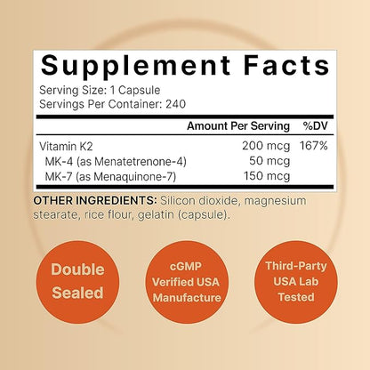 NatureBell Full Spectrum Vitamin K2 Supplement with MK-7 & MK-4, 200 mcg, 240 Capsules | 2 in 1 Formula, K Vitamins Complex – Supports Bone, Joint, and Heart Health – Non-GMO
