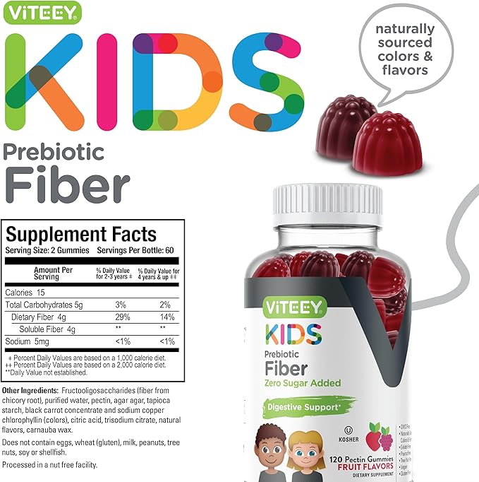 Viteey Prebiotic Kids Fiber for Constipation Relief, Digestive Health Regularity Support, Natural Weight Support - Fiber 4g, Zero Sugar Added, Vegan, Gluten Free - Tasty Chewable Fruit Flavored Gummy