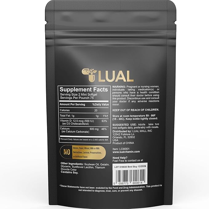 LUAL Calcium Minis 600 mg with Vitamin D3 - Bone & Muscle Support - 150 Mini Softgels - Easy to Swallow - Calcium & D3 for Strong Bones & Mobility
