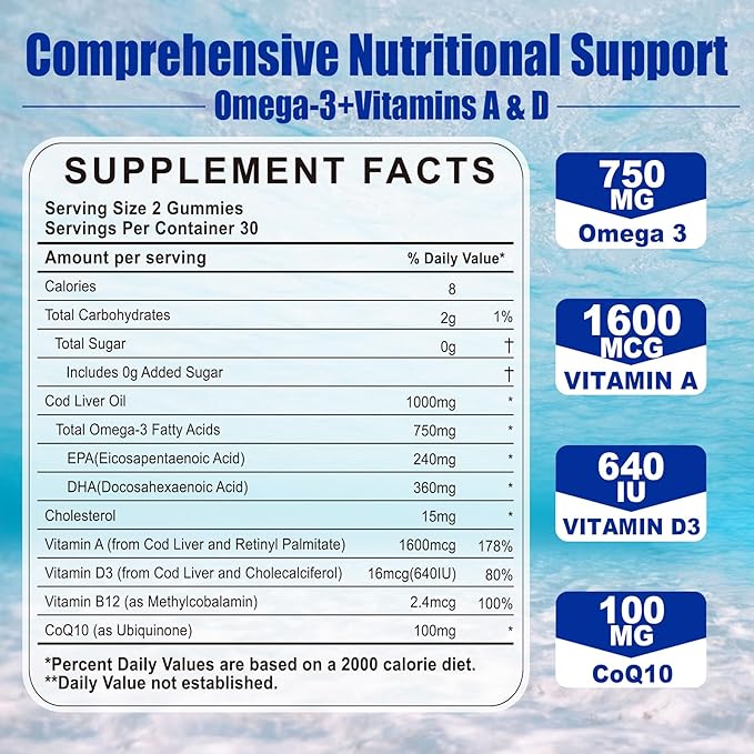 (Made in USA) Cod Liver Oil 1000mg Gummies for Adults & Kids, with Vitamin A & D3 - Omega 3 Fish Oil Alternative - DHA 360mg & EPA 240mg for Brain, Bone, Eye & Immune Health, Sugar Free, 120 Cts