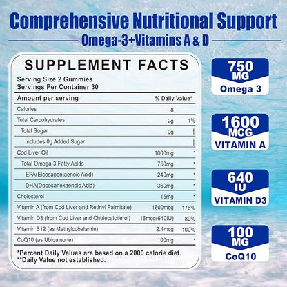 (Made in USA) Cod Liver Oil 1000mg Gummies for Adults & Kids, with Vitamin A & D3 - Omega 3 Fish Oil Alternative - DHA 360mg & EPA 240mg for Brain, Bone, Eye & Immune Health, Sugar Free, 120 Cts