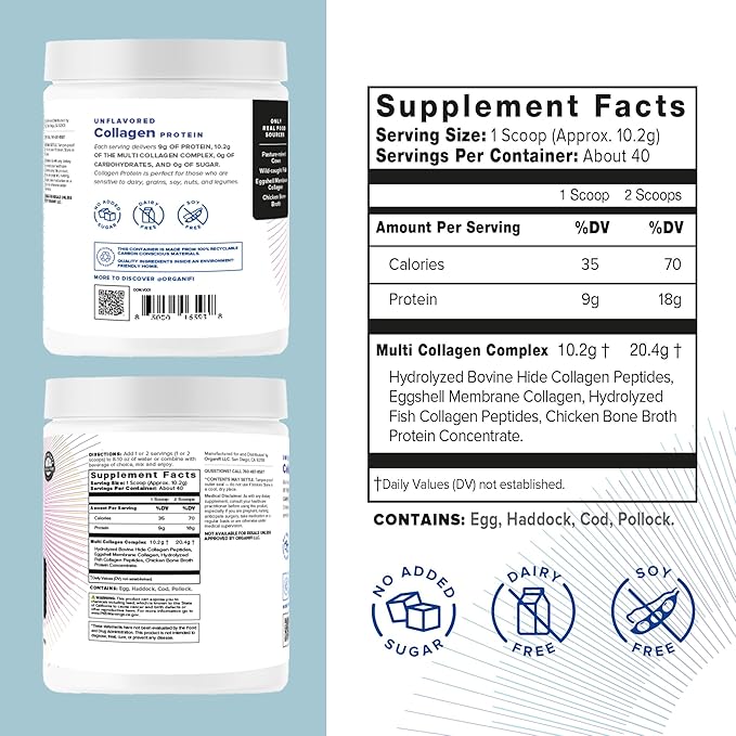 Organifi Unflavored Collagen Powder - Supports Stronger Skin, Nails, and Hair, 30 Servings