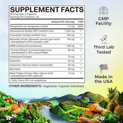 Vitalitown Glucosamine Chondroitin MSM, Turmeric, Collagen, Hyaluronic Acid, Boswellia, Quercetin, 11-in-1 Formula, Glucosamine Sulfate 1500 mg, No Shellfish, Flexibility & Comfort, 90 Caps
