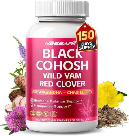 Black Cohosh with Wild Yam Red Clover Evening Primrose Ashwagandha - Hormone Balance Support - 150 Count - Made & Tested in The USA