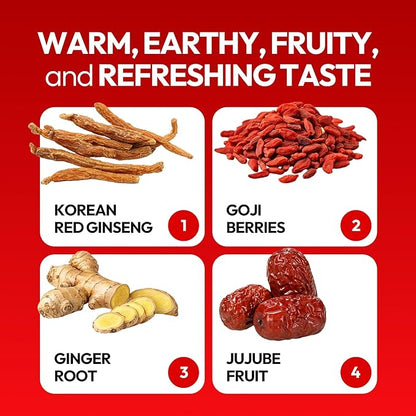 HongSamWon - Korean Red Ginseng Tea, Pre and Post Workout Herbal Energy Drink with Jujube, Cinnamon Ginger & Goji Berry - Caffeine Free, Non-GMO (60 Pouches, 1.69 fl oz)