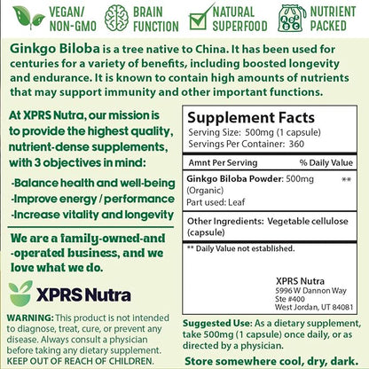 XPRS Nutra Ginkgo Biloba Capsules - Gingko Biloba Encapsulated Supplements for Cognition - Vegan Friendly Ginkoba Biloba - Immunity Boosting Ginkgo Biloba Capsules - 360 Count