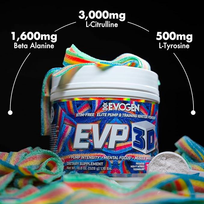Evogen EVP 3D - Stim Free Pre Workout Powder for Men & Women | Sugar Free Non Stim Preworkout with Beta Alanine and Creatine for Energy & Pump | Sour Candy | 40 Servings