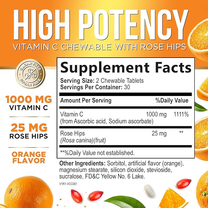 Vitamin C 1000mg Supplement - Extra Strength Chewable Immune Support Vitamin C Dietary Supplement with Rose HIPS, Nature's VitaminC Antioxidant Support, Natural, Vegan, Orange Flavor - 60 Tablets