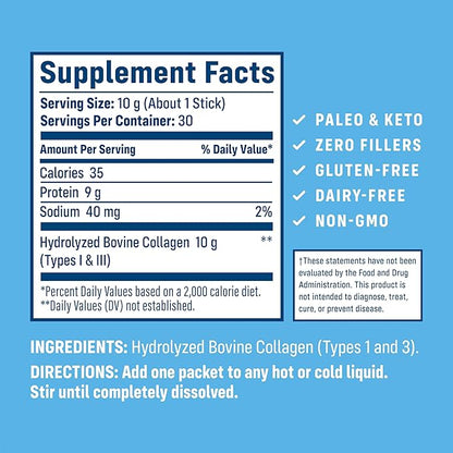 NativePath Collagen Peptides Protein Stick Packs - Hydrolyzed Type 1 & 3 Collagen Powder for Skin, Hair, Nails - 30 Servings