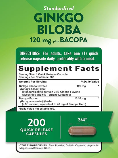 Nature's Truth Ginkgo Biloba 120mg | Plus Bacopa | 200 Quick Release Capsules | Standardized Extract | Non-GMO and Gluten Free Supplement
