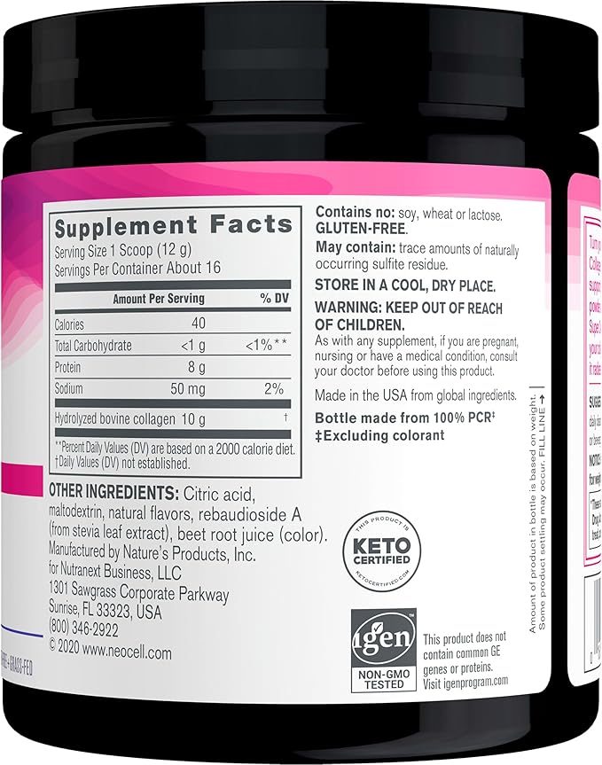 NeoCell Super Collagen Peptides, 10g Collagen Peptides per Serving, Gluten Free, Keto Friendly, Non-GMO, Grass Fed, Healthy Hair, Skin, Nails and Joints, Berry Lemon Powder, 6.7 oz., 1 Canister